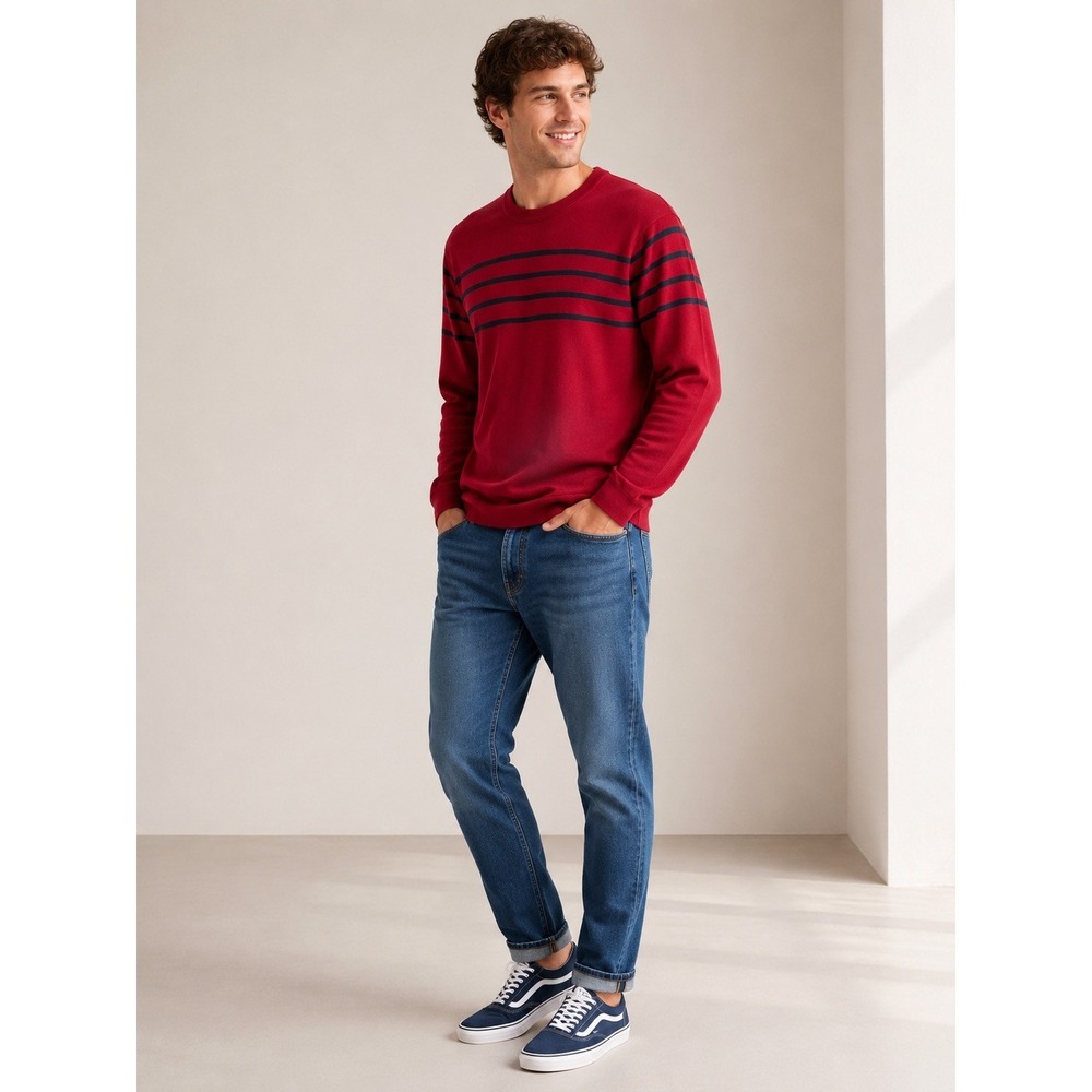 Chatham Road Mens XL Red Navy Striped Long Sleeve Crewneck Knit Sweater Pullover
